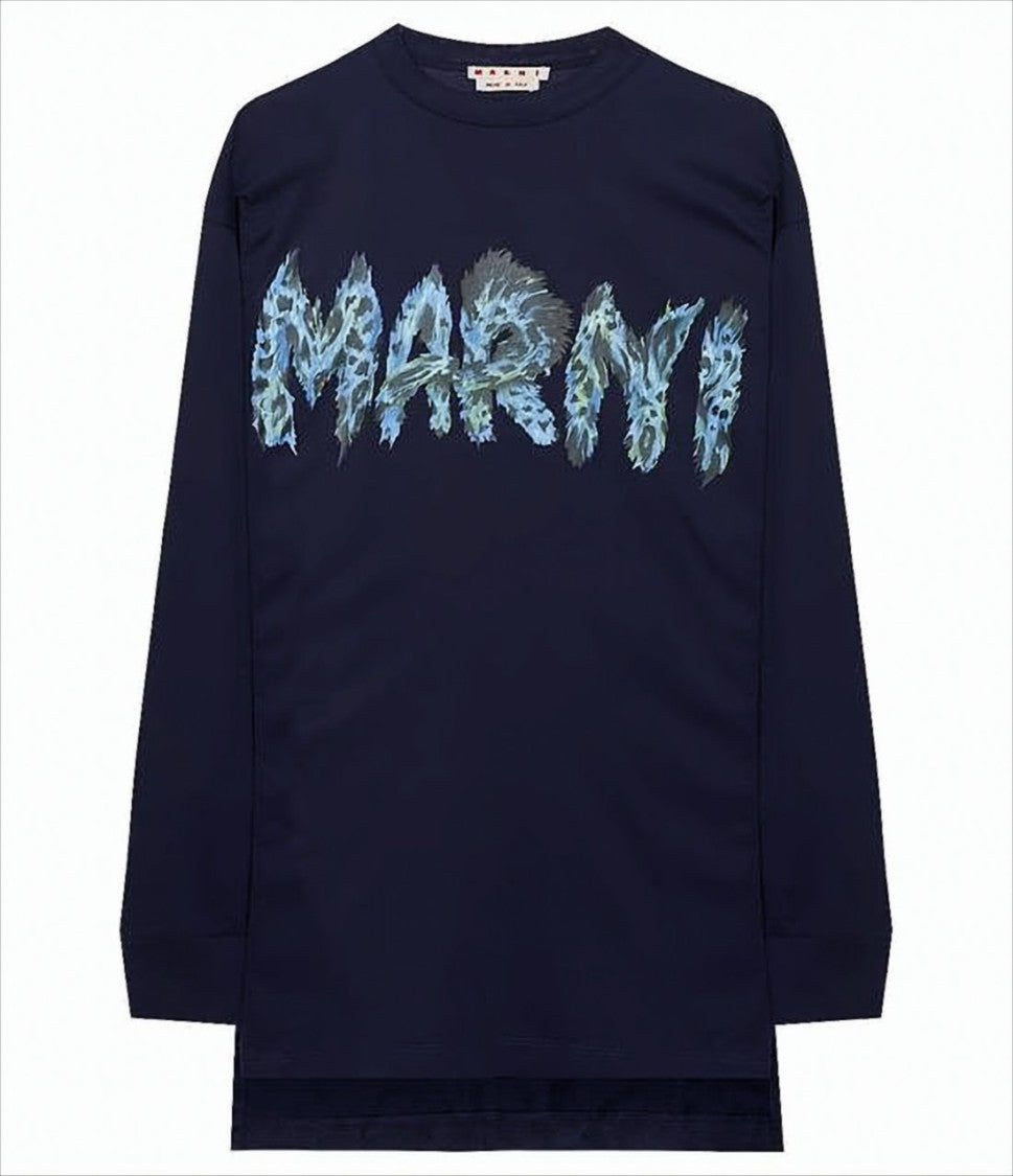 Marni Textured Graphic Logo Long-Sleeve Top In Deep Navy