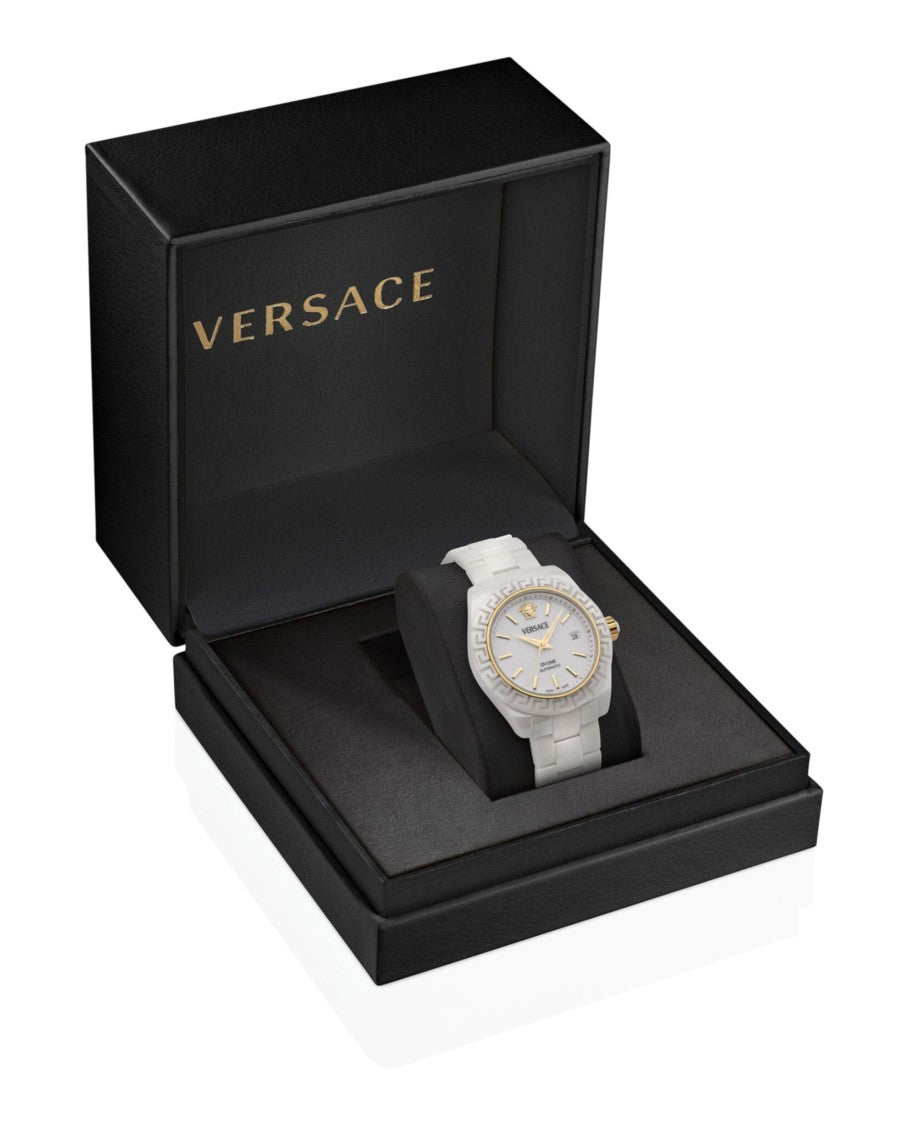 Versace Three-Hand Date Automatic Watch With White Ceramic Case