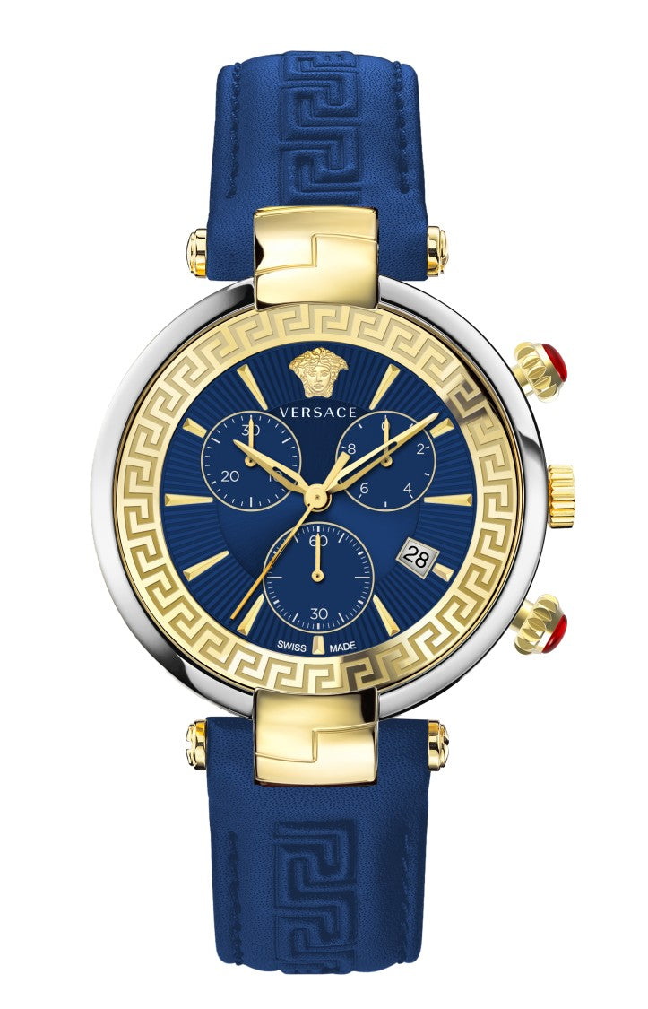 Versace Chronograph Watch With Blue Dial And Calf Leather Strap