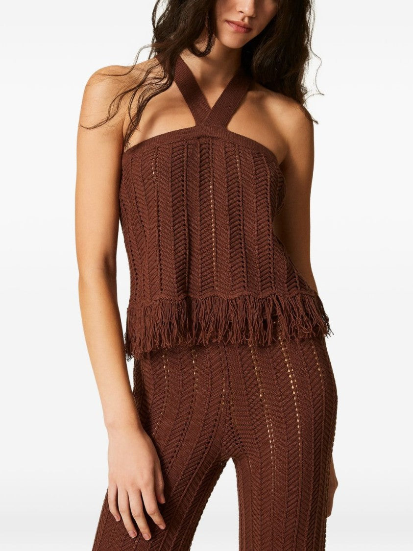 Twin-Set Chocolate Brown Knitted Halterneck Top