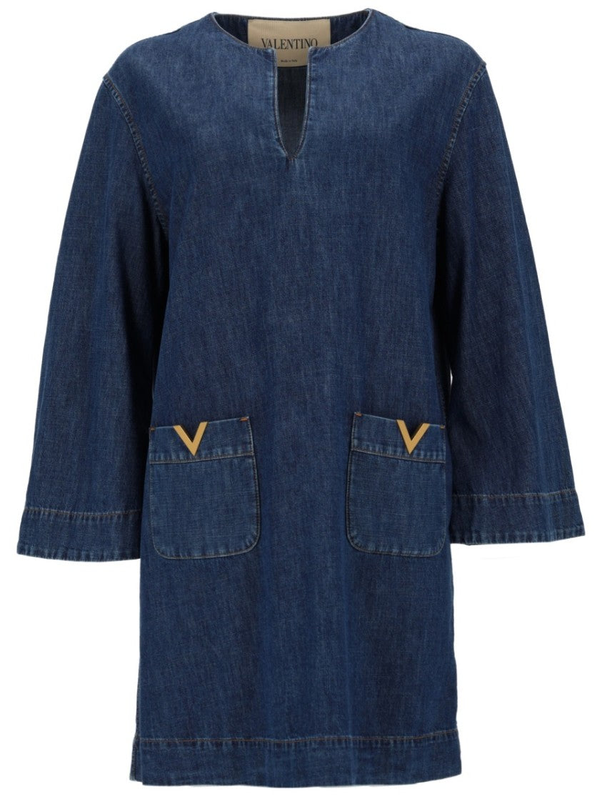 Valentino Straight-Fit Chambray Denim Dress With V-Notch And Patch Pockets