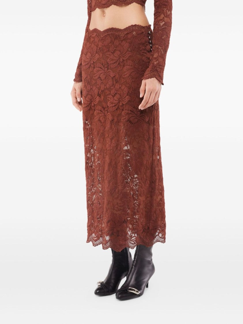 Rabanne Floral Lace Brown Midi Skirt With Scalloped Hem