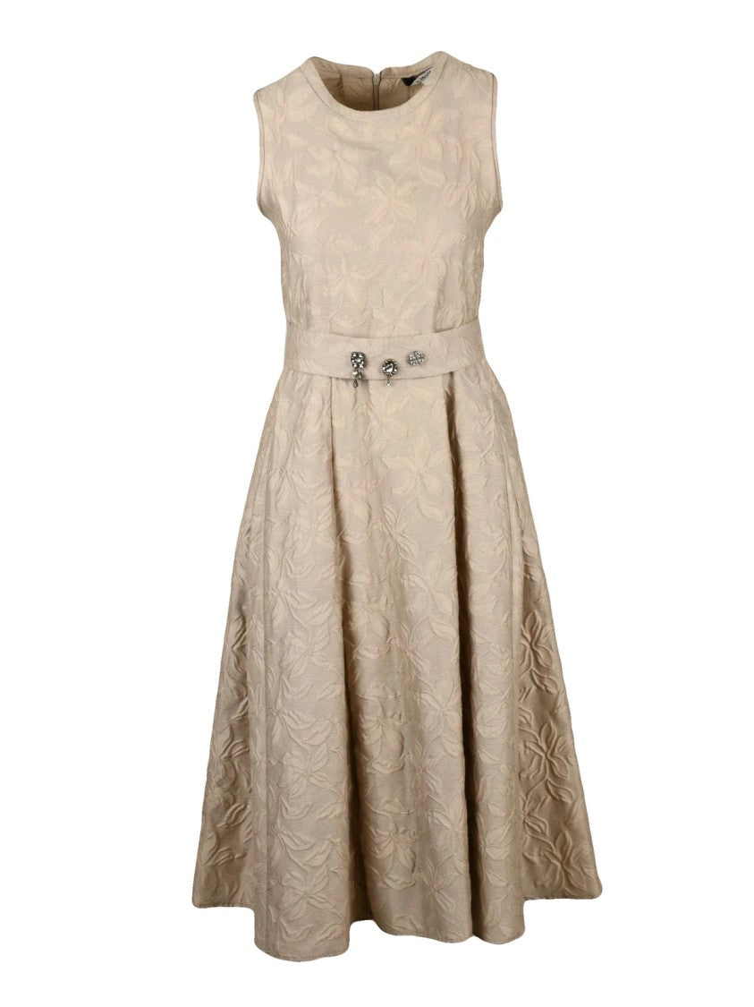 Max Mara Damask Midi Dress With Embellished Belt And Practical Pockets
