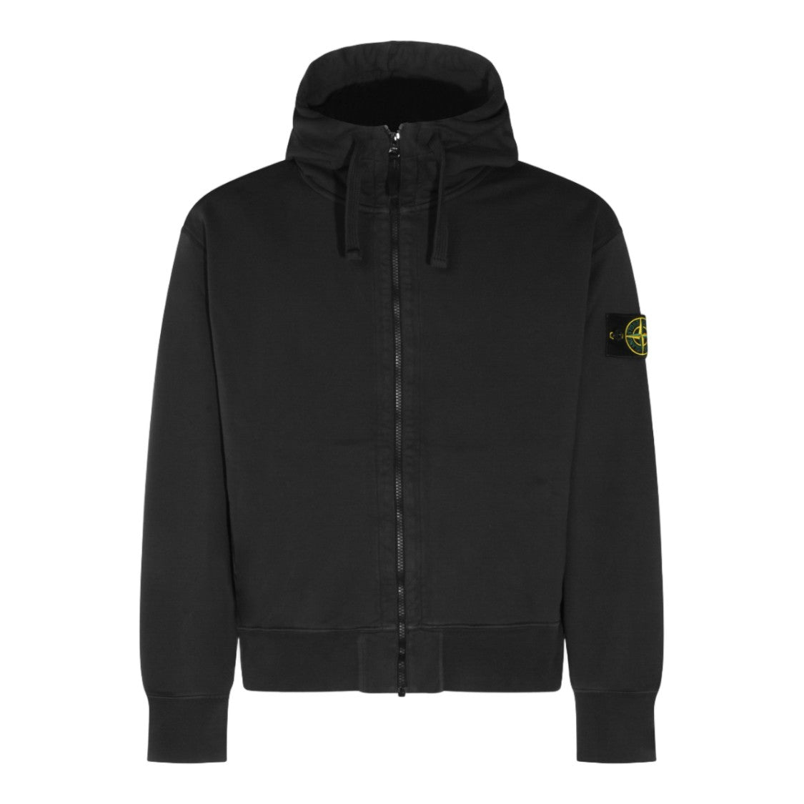 Stone Island Black Zip-Up Hoodie With High Collar And Adjustable Hood