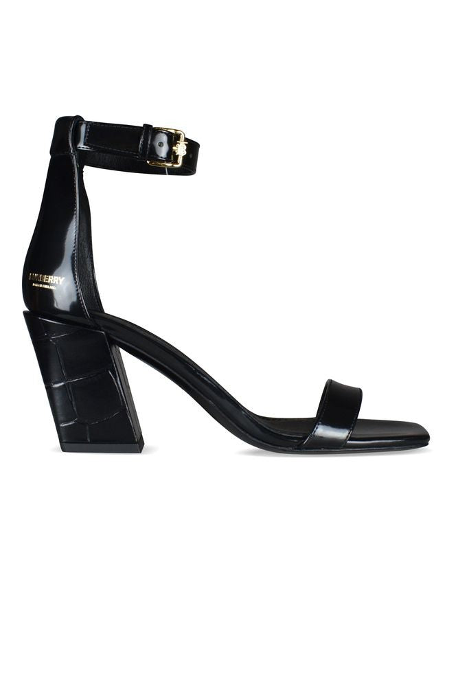 Burberry Black Leather Sandals With Crocodile-Patterned Block Heel
