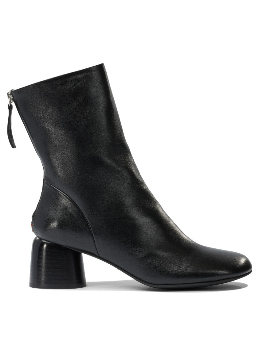 Halmanera Pointed Toe Black Calf Leather Ankle Boots With Cylindrical Block Heel
