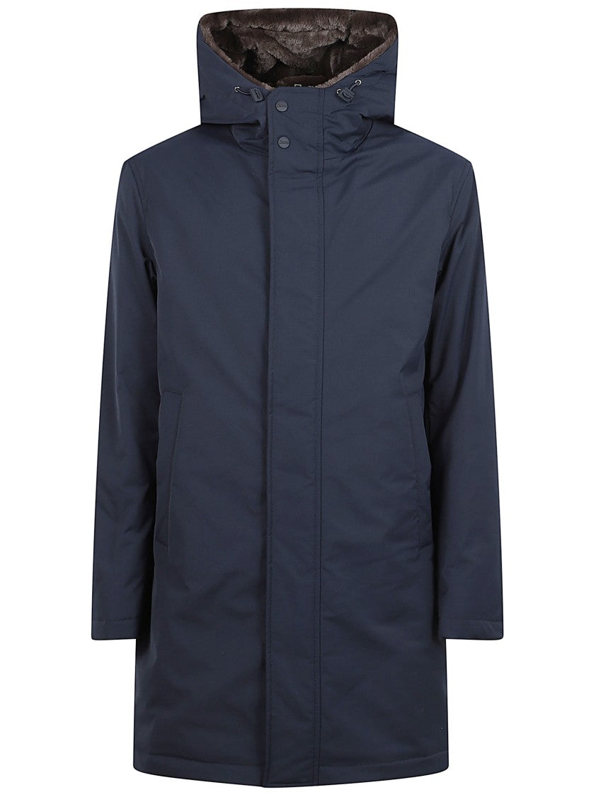 Herno Navy Blue Casual Jacket With Faux Fur Hood