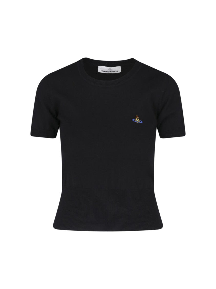 Vivienne Westwood Cropped Black Fitted T-Shirt With Embroidered Emblem