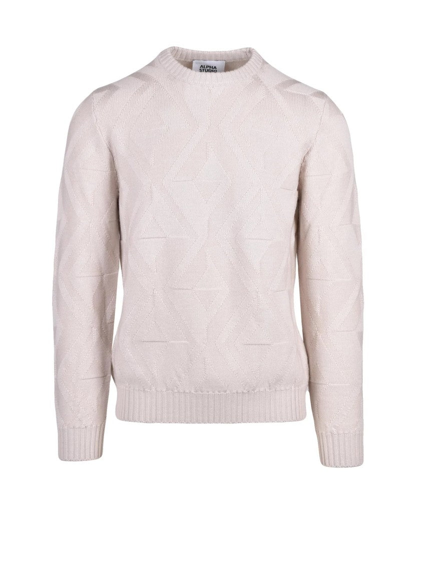 Alpha Studio Extra-Fine Merino Wool Crewneck Sweater With Geometric Knit Pattern