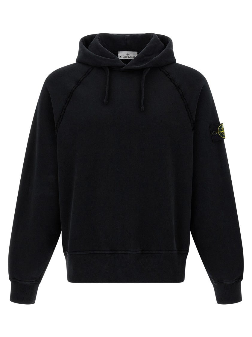 Stone Island Logo Badge Fleece Cotton Hoodie With Ribbed Inserts