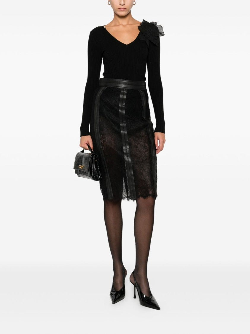 Elisabetta Franchi Sheer Lace Midi Skirt With Leather-Like Panels