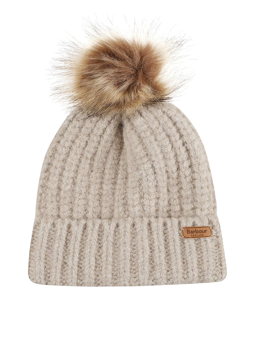 Barbour Beige Knit Beanie With Faux Fur Pom-Pom