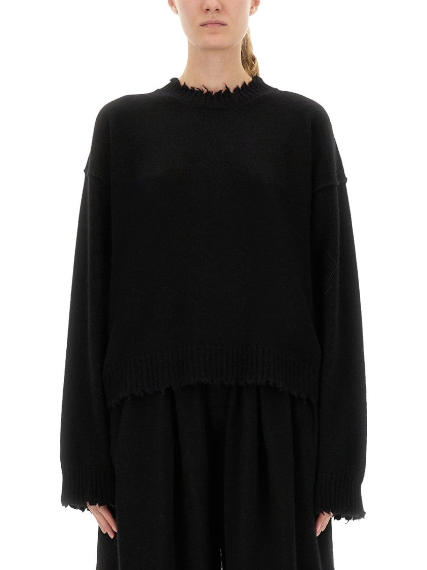 Uma Wang Black Cashmere Sweater With Frayed Details And Relaxed Fit