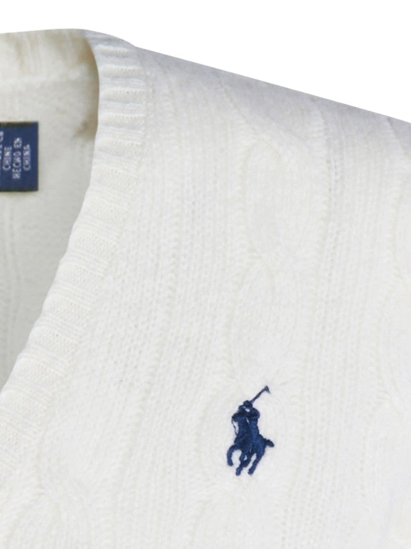 Polo Ralph Lauren White Cable-Knit Ribbed V-Neck Sweater