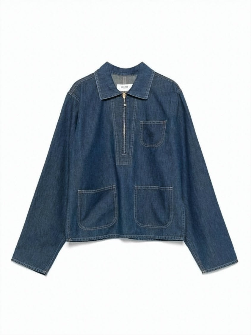 Celine Cropped Denim Jacket With Boxy Silhouette And Contrast Stitching
