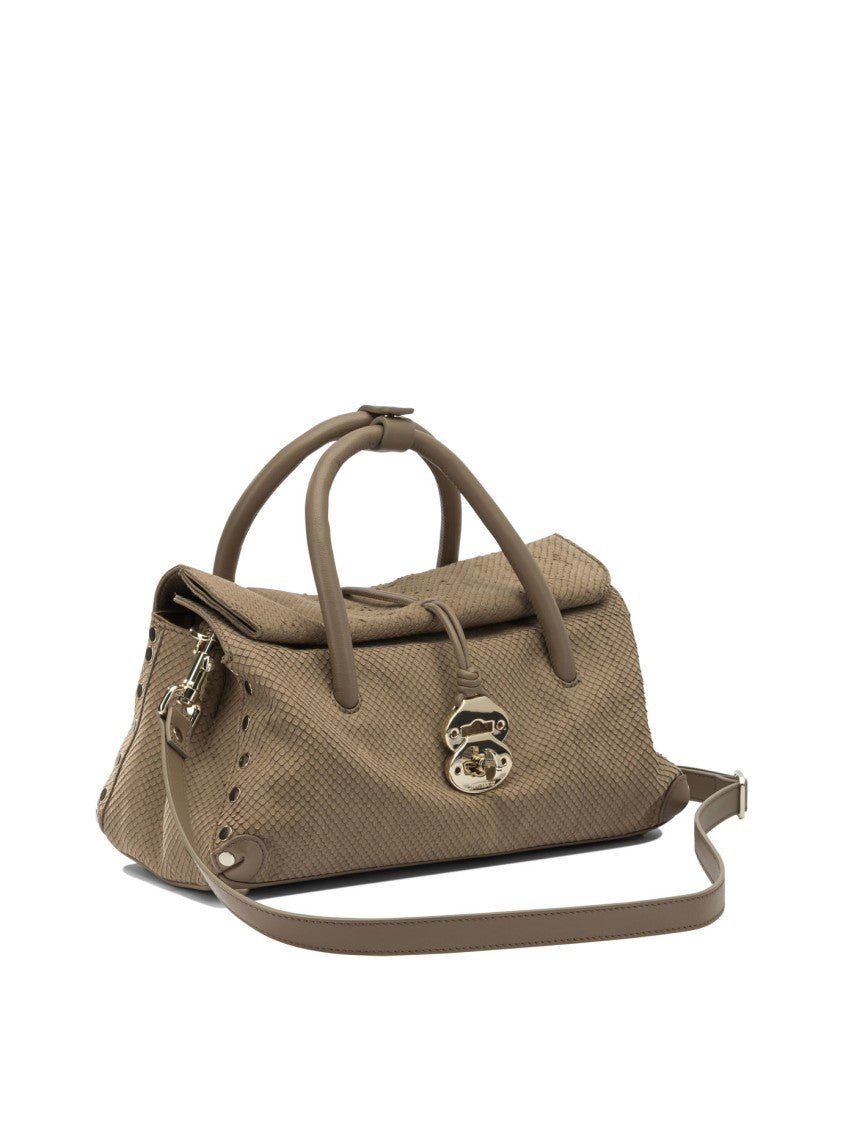 Zanellato Textured Suede Handbag With Metallic Clasp And Stud Detail