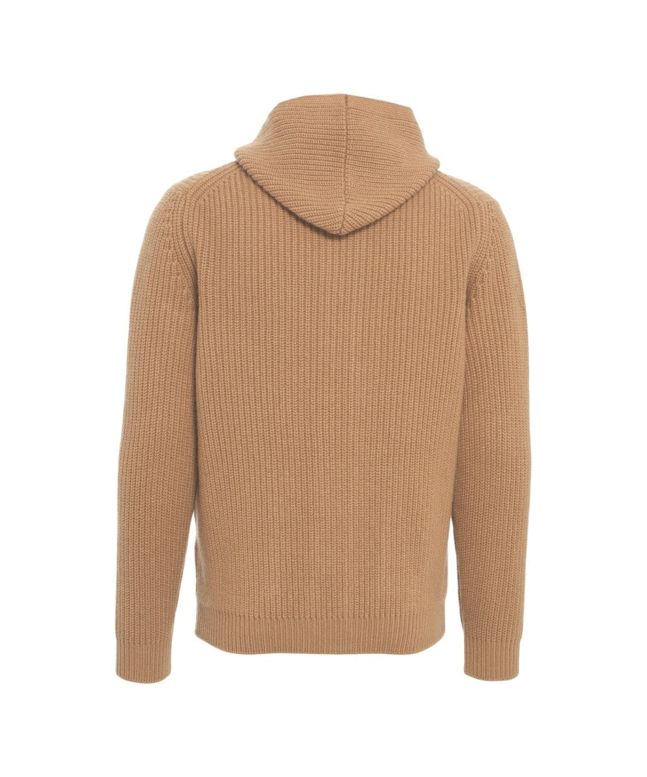 Gender Beige Ribbed Knit Cardigan With Hood And Button Closure