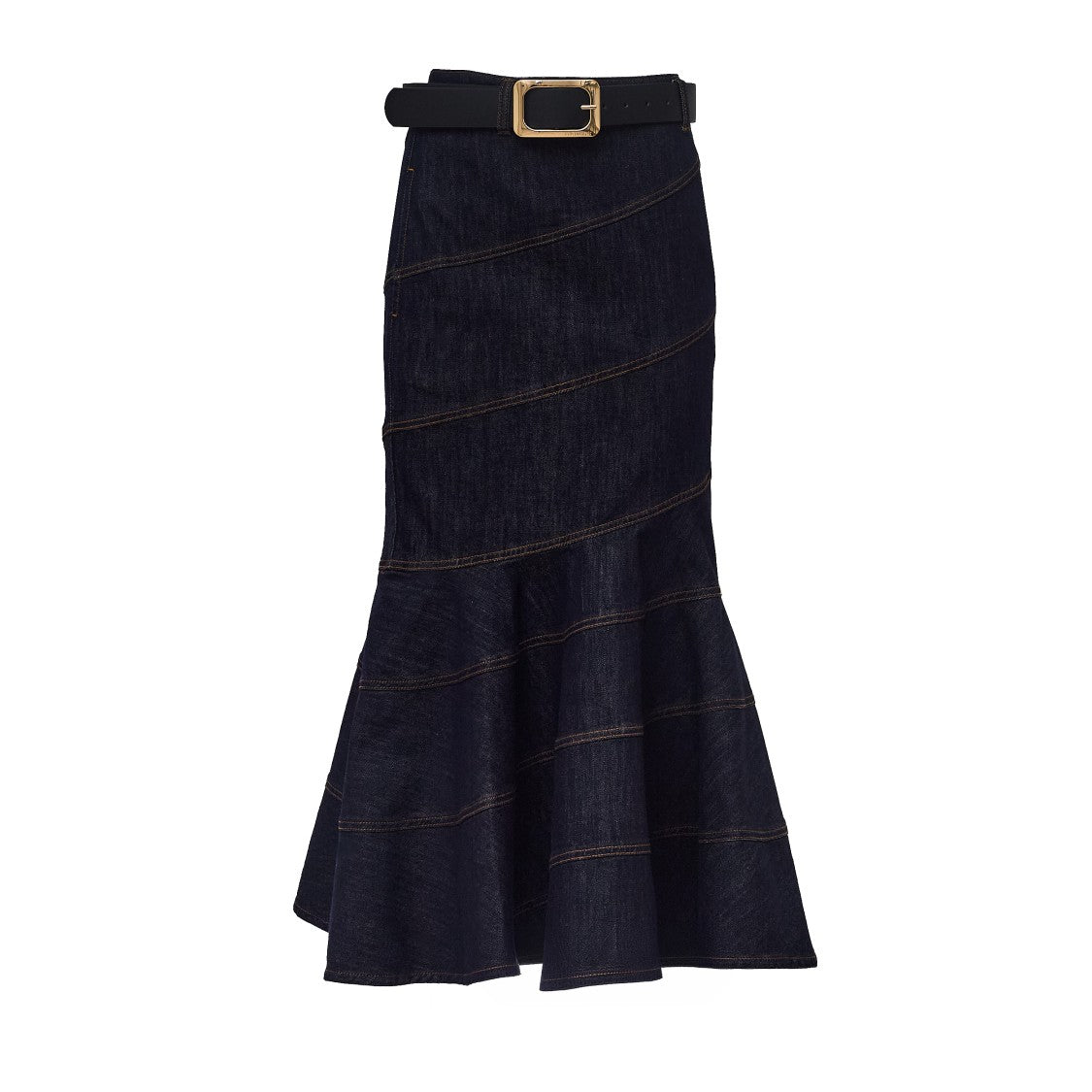 Self-Portrait Indigo Denim Midi Skirt With Removable Belt And Mermaid Hem
