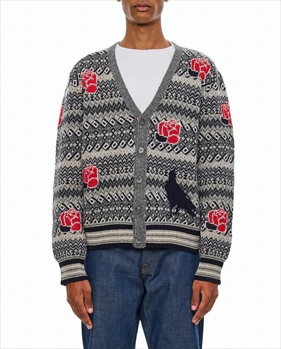 Thom Browne Classic V-Neck Cardigan With Rose And Bird Motif