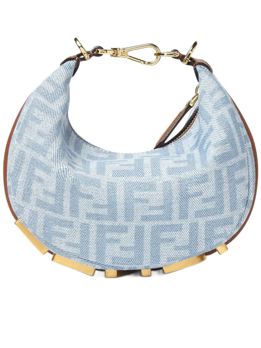 Fendi Crescent-Shaped Handbag With Light Blue Monogram And Gold Hardware