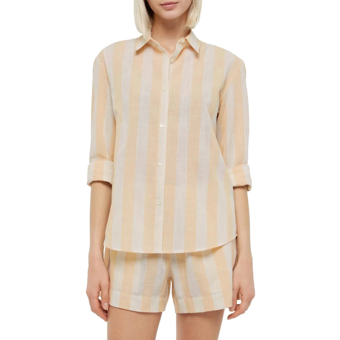 Mc2 Saint Barth Beige And Off-White Striped Long-Sleeved Button-Up Shirt