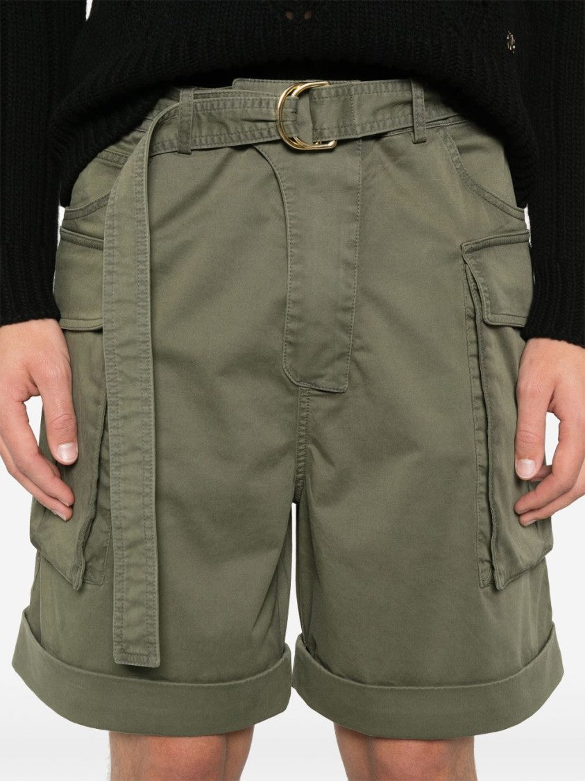 Balmain Olive Green Belted Waist Turn-Up Shorts
