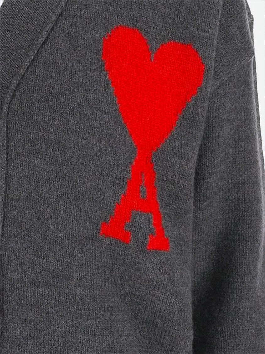 Ami Cardigan With Deep V-Neck And Signature Heart Emblem