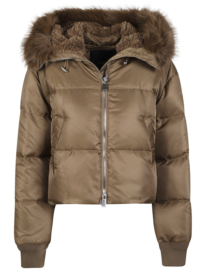 Pinko Piastraia Polyamide Faux Fur Trim Cropped Padded Jacket