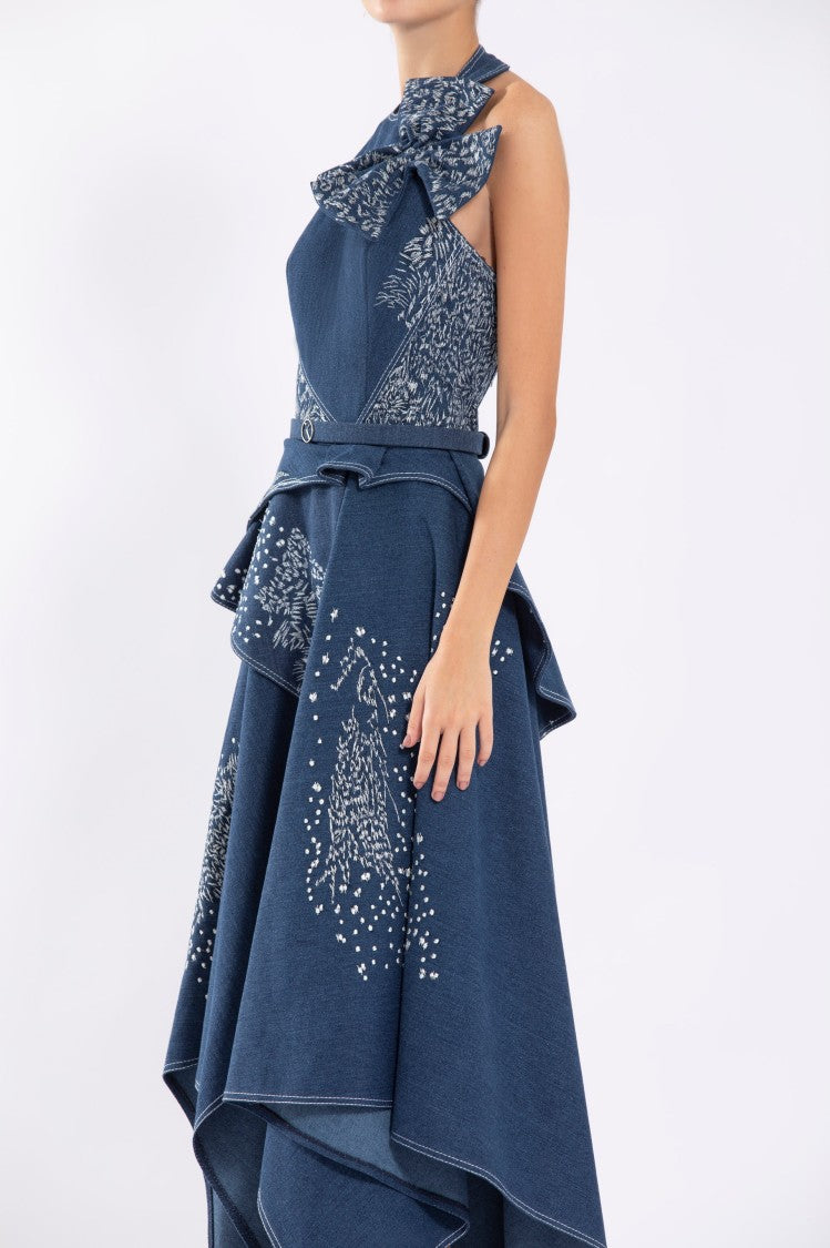 Saiid Kobeisy Denim Dress With Dotted Embroidery