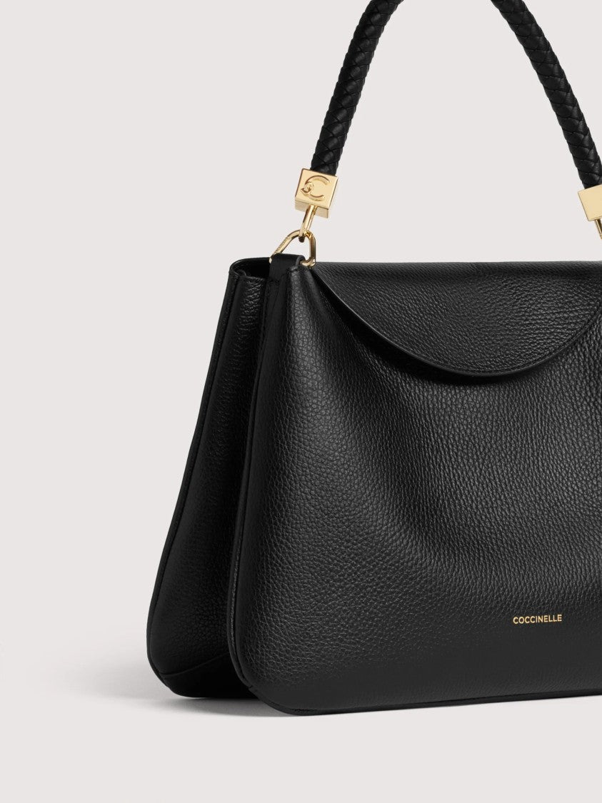 Coccinelle Structured Black Leather Handbag With Braided Top Handle