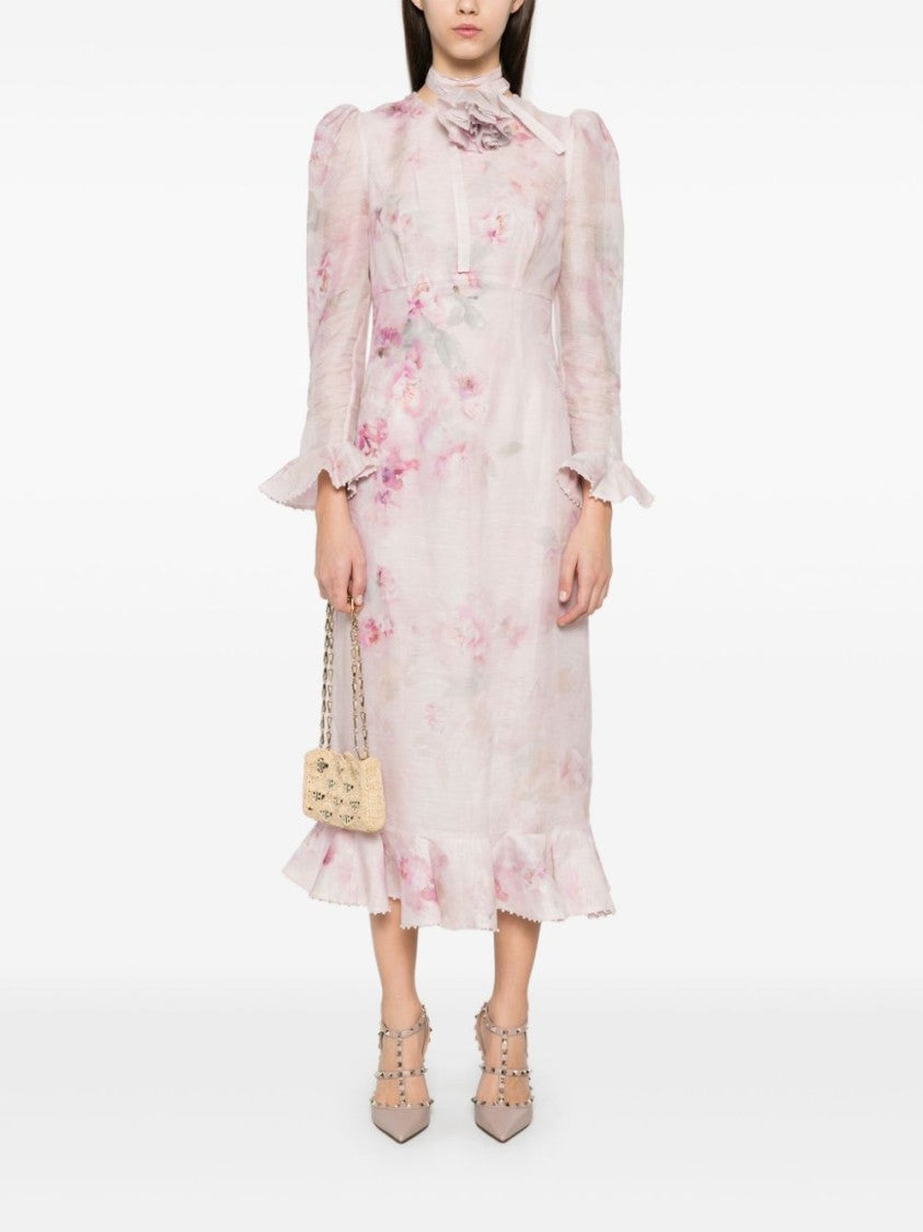 Zimmermann Pink Soft Floral Print Midi Dress