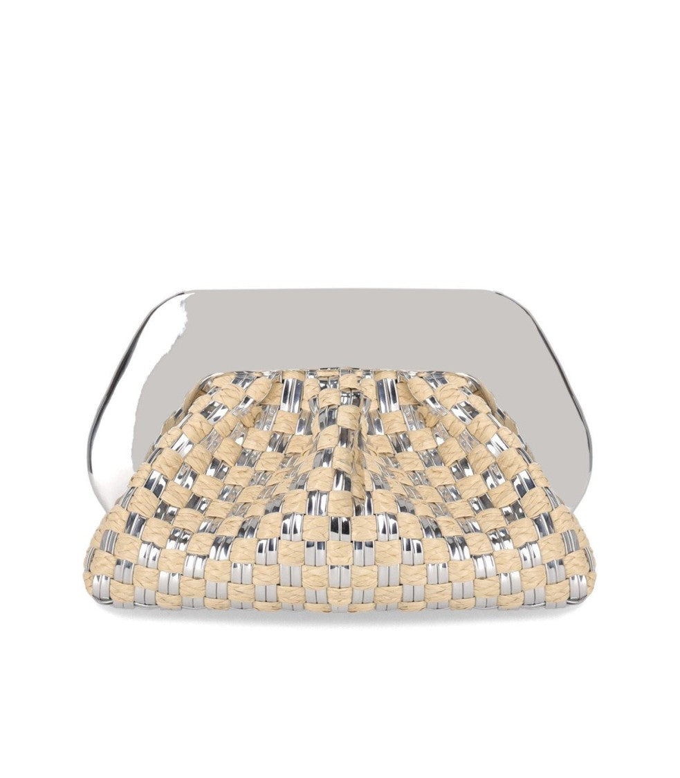 Themoirè Tia Micro Weaved Straw Laminated Silver Clutch Bag