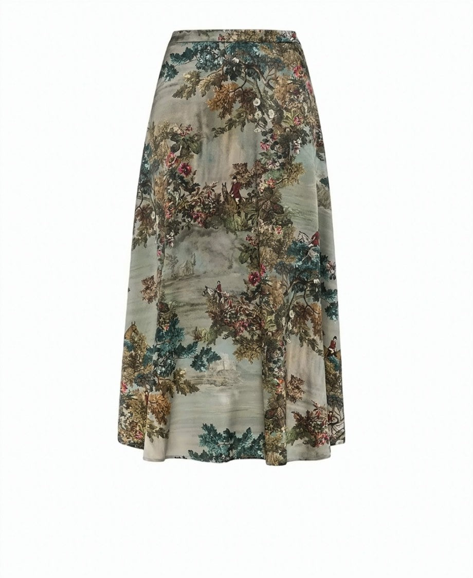 Momonì Hebe Flared Printed Stretch Silk Satin Midi Skirt