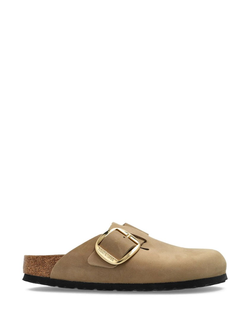 Birkenstock Contoured Brown Slip-On Sandals With Gold-Tone Buckle
