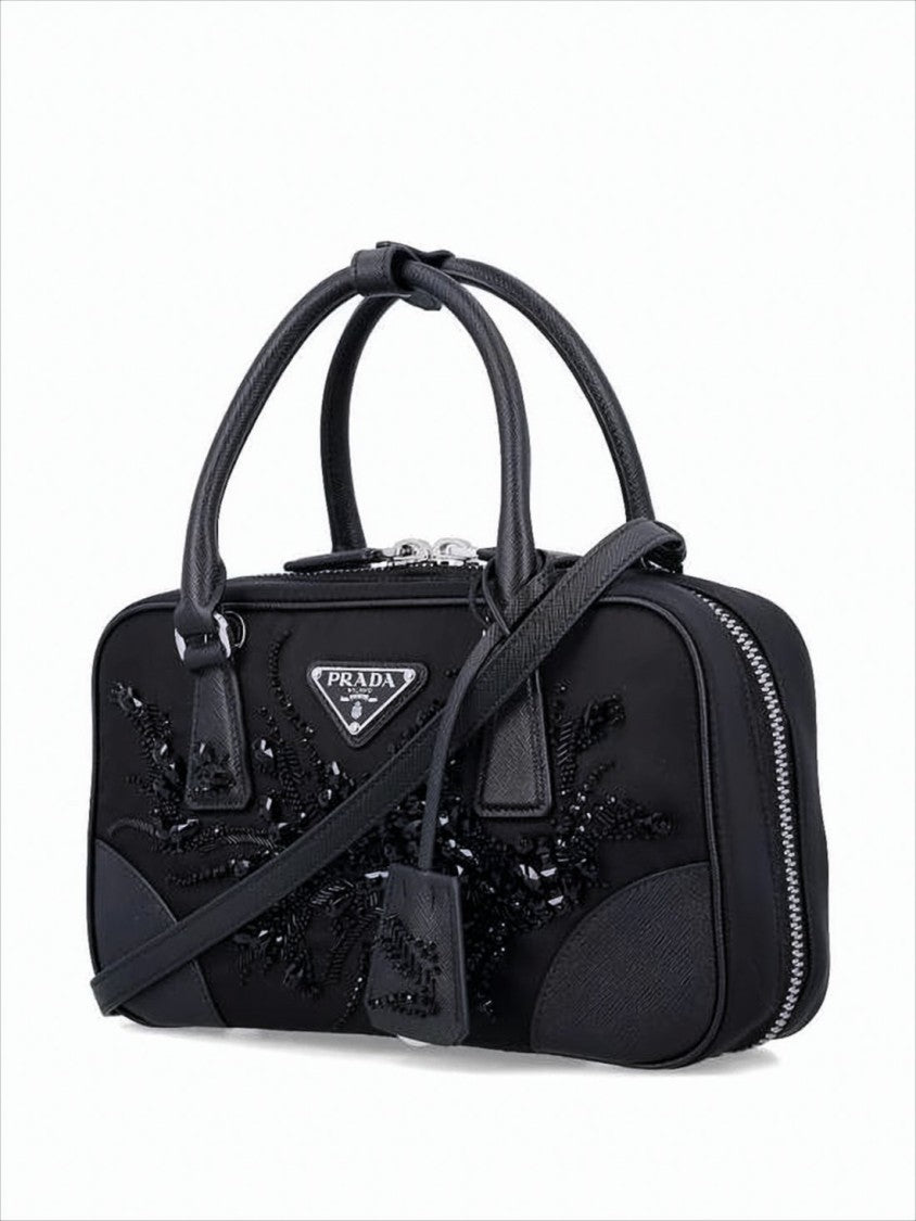 Prada Rectangular Tote Bag With Leather Accents And Beaded Embellishments