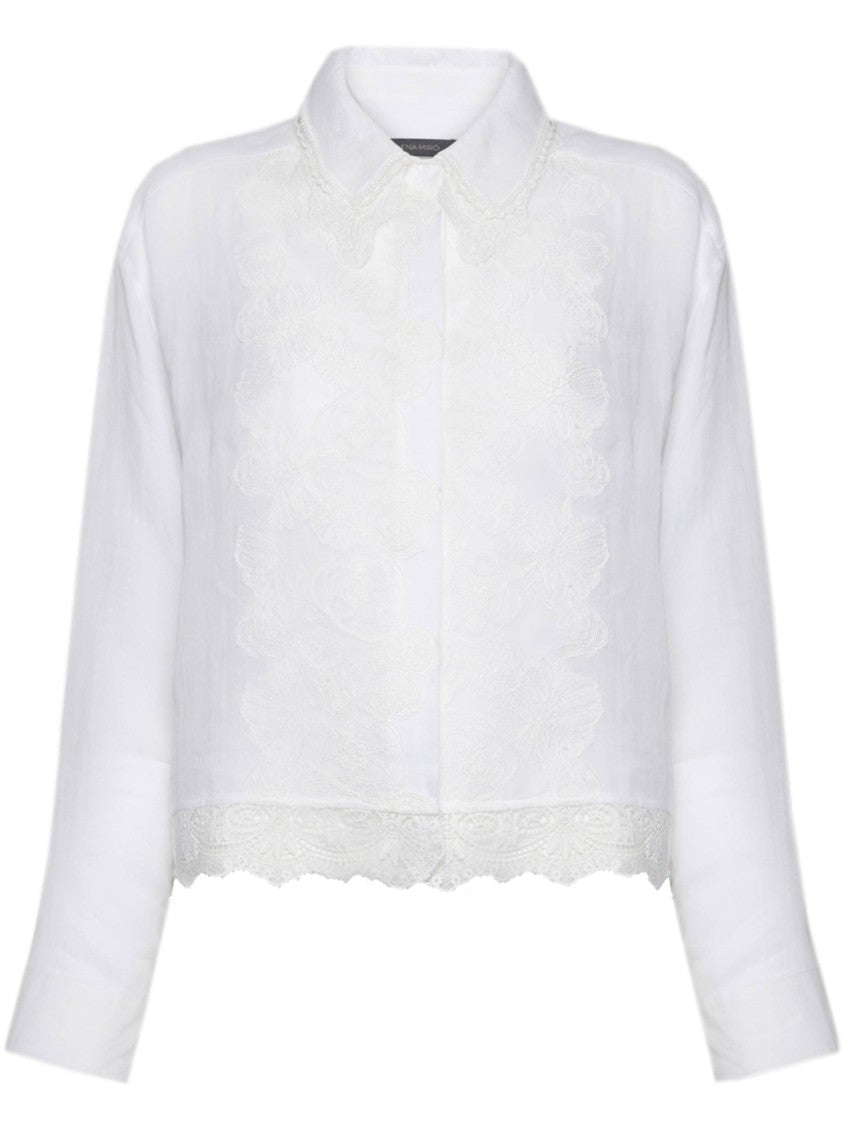 Elena Miro` Semi-Sheer White Floral Lace Blouse