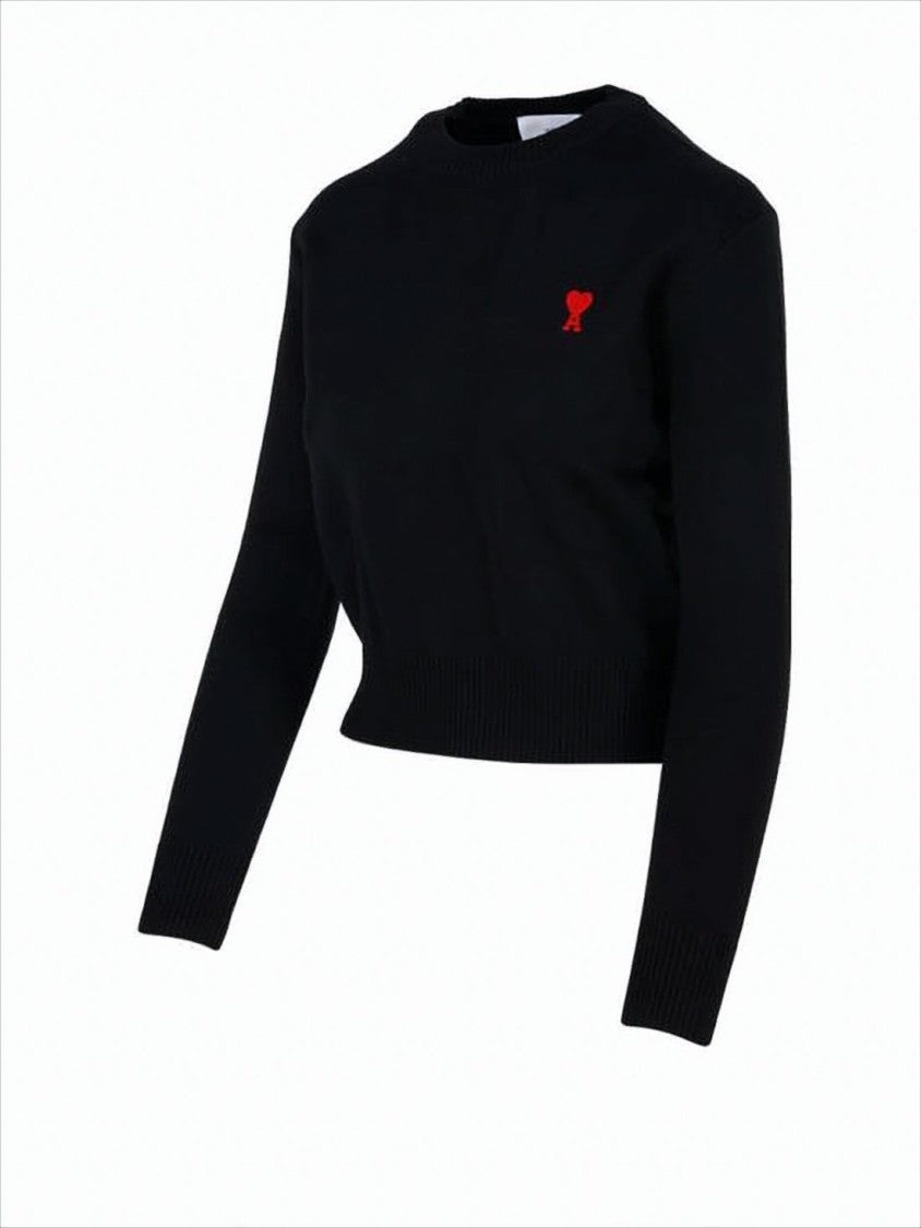 Ami Cropped Black Merino Wool Sweater With Embroidered Heart