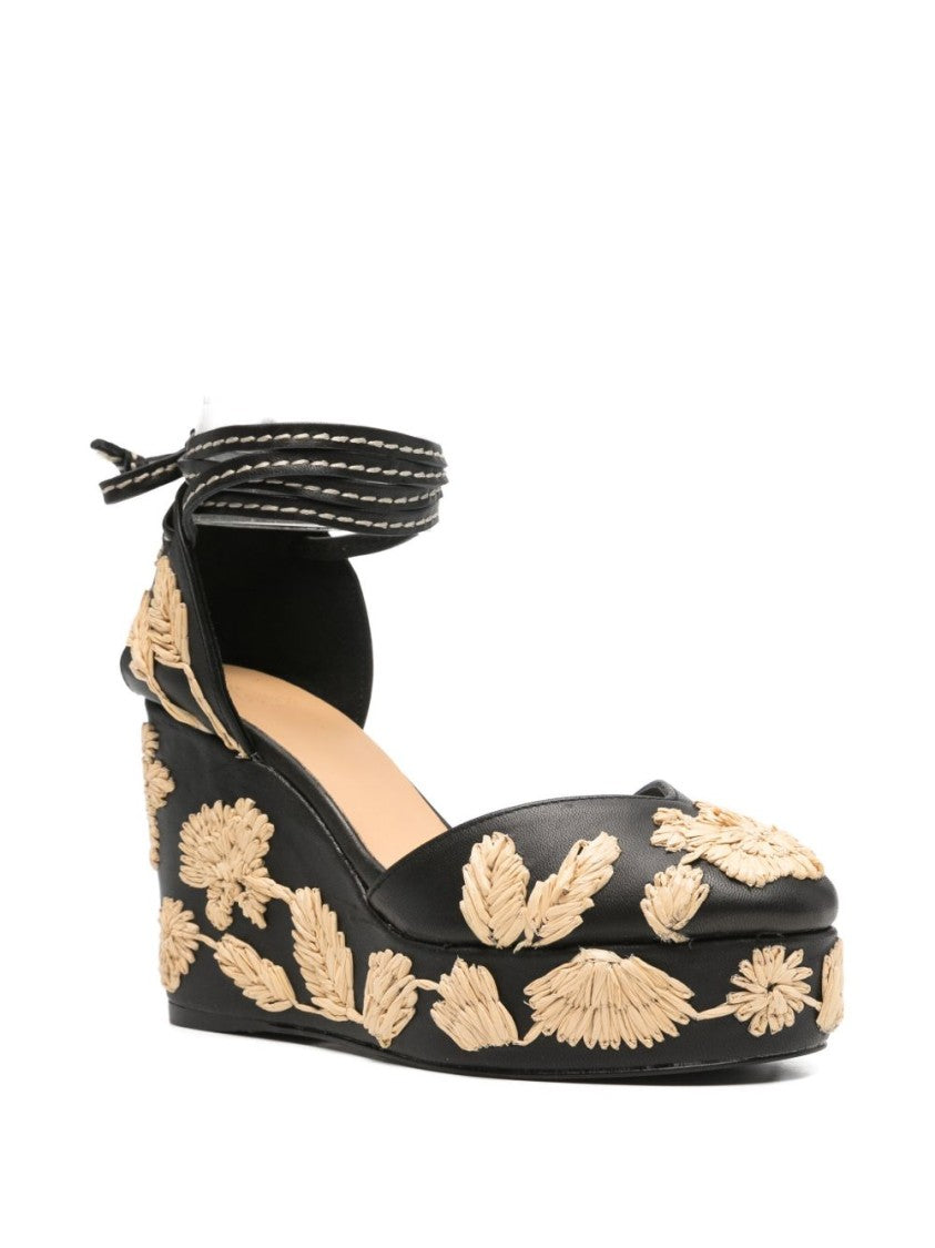 Castaner Embroidered Black Wedge Sandals With Bow Detail