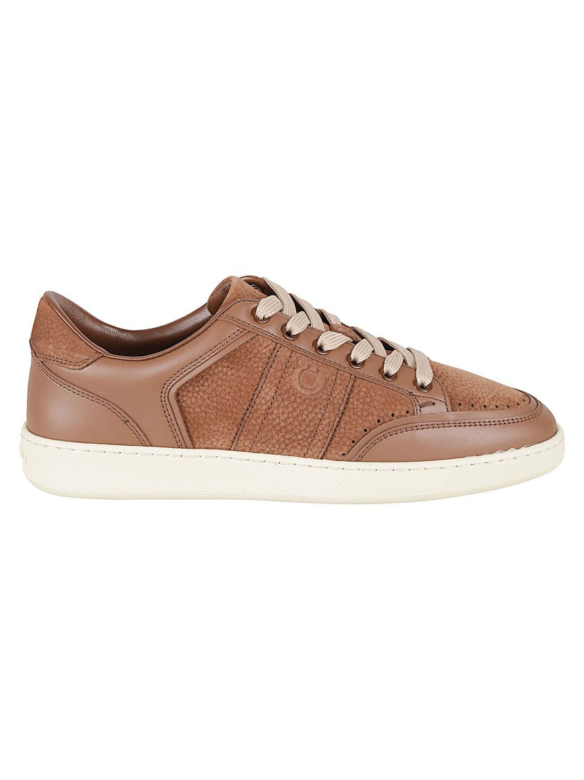 Ferragamo Brown Low-Top Sneakers With Textured Leather Panels