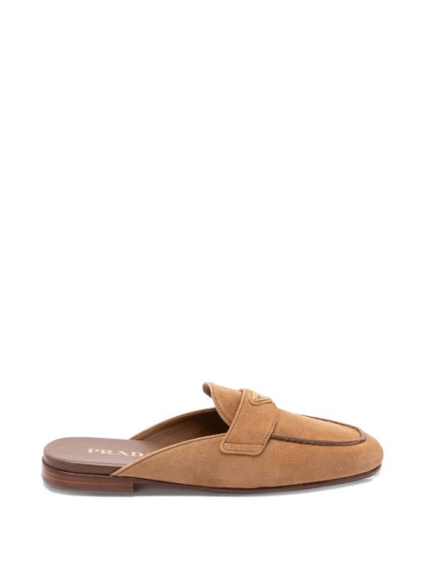 Prada Camel Suede Triangle Logo Slippers