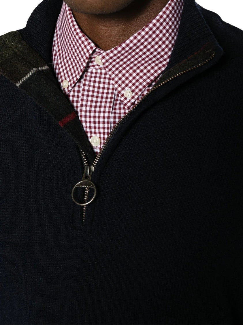 Barbour Funnel-Neck Zip-Up Wool Jumper With Plaid Elbow Patches