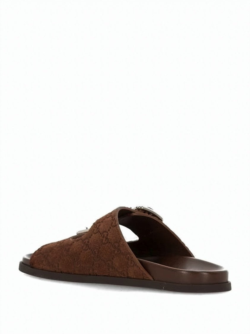 Gucci Suede Slide Sandals With Adjustable Silver Buckles