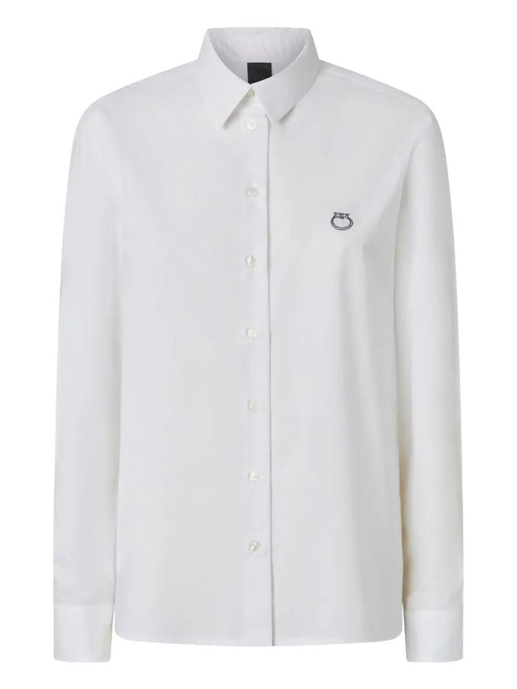 Pinko White Caffe' Embroidered Logo Pleated Cotton Long-Sleeve Shirt