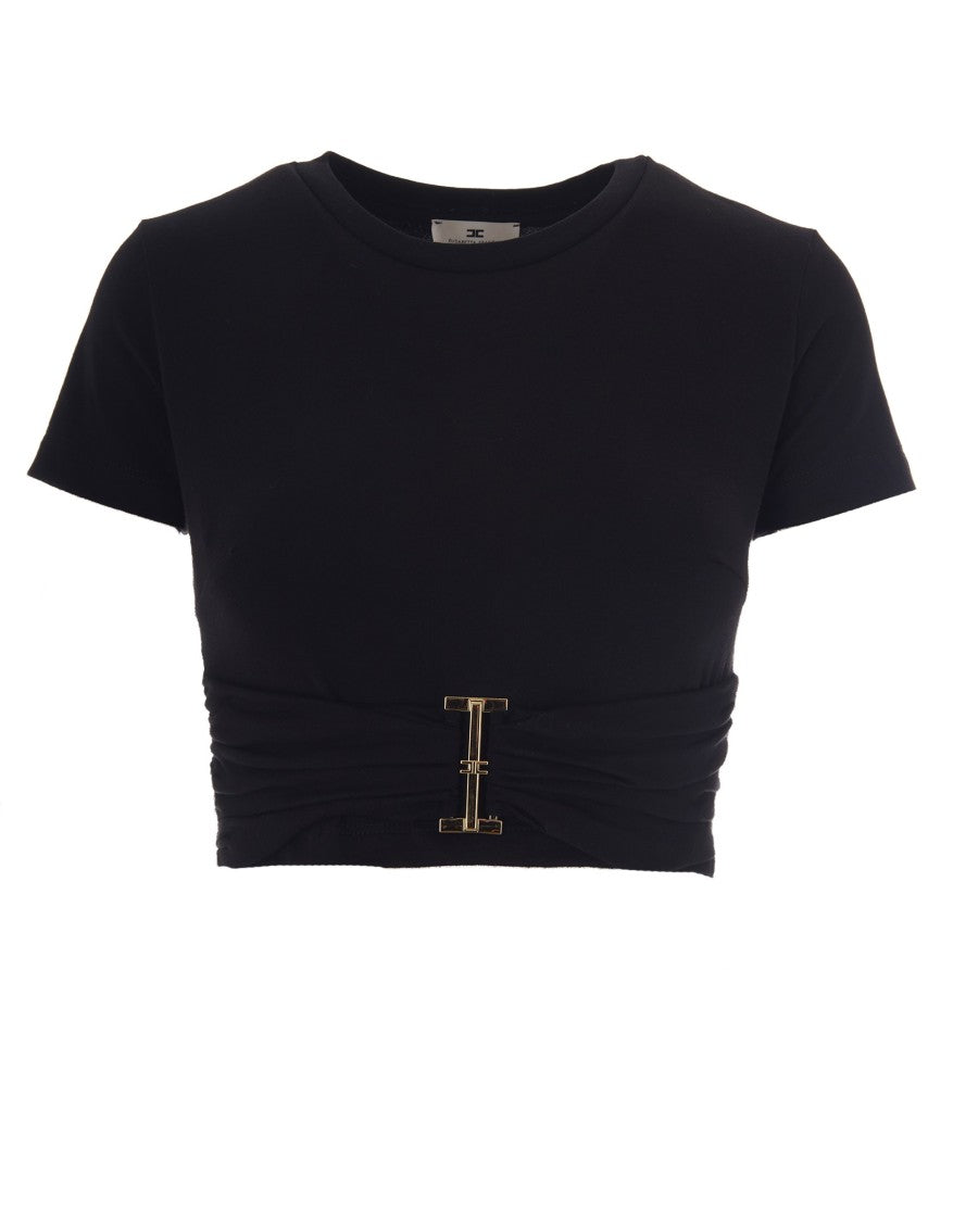 Elisabetta Franchi Draped Jersey T-Shirt With Metallic Logo Ring