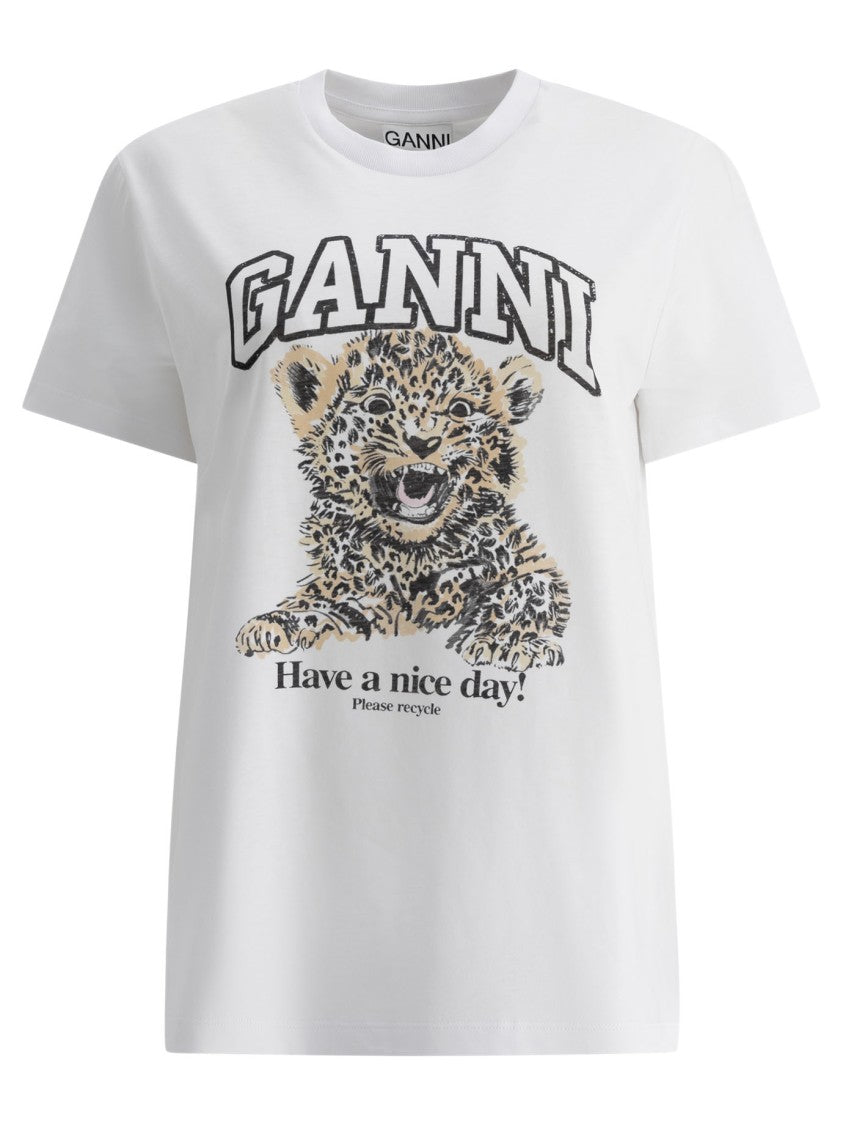 Ganni Graphic Print Cotton T-Shirt With Reinforced Crew Neck