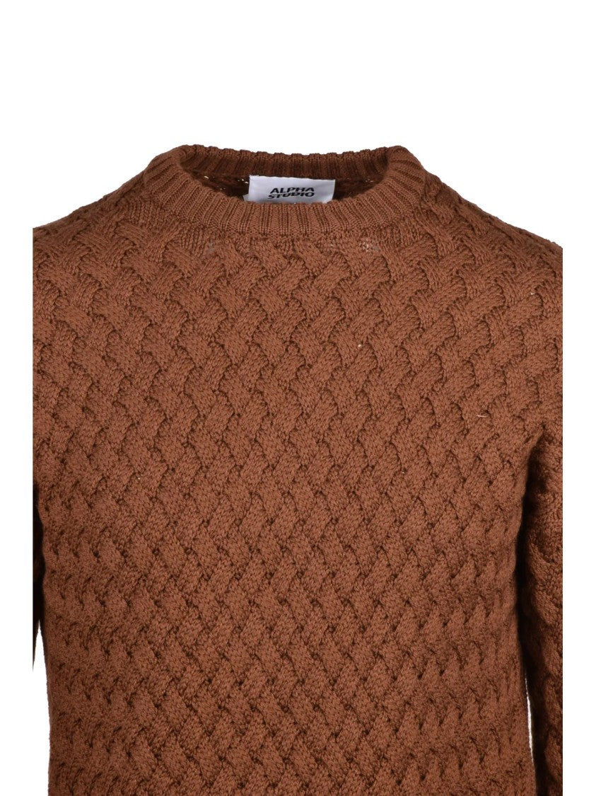 Alpha Studio Brown Cable Knit Sweater With Classic Crew Neck And Ribbed Details