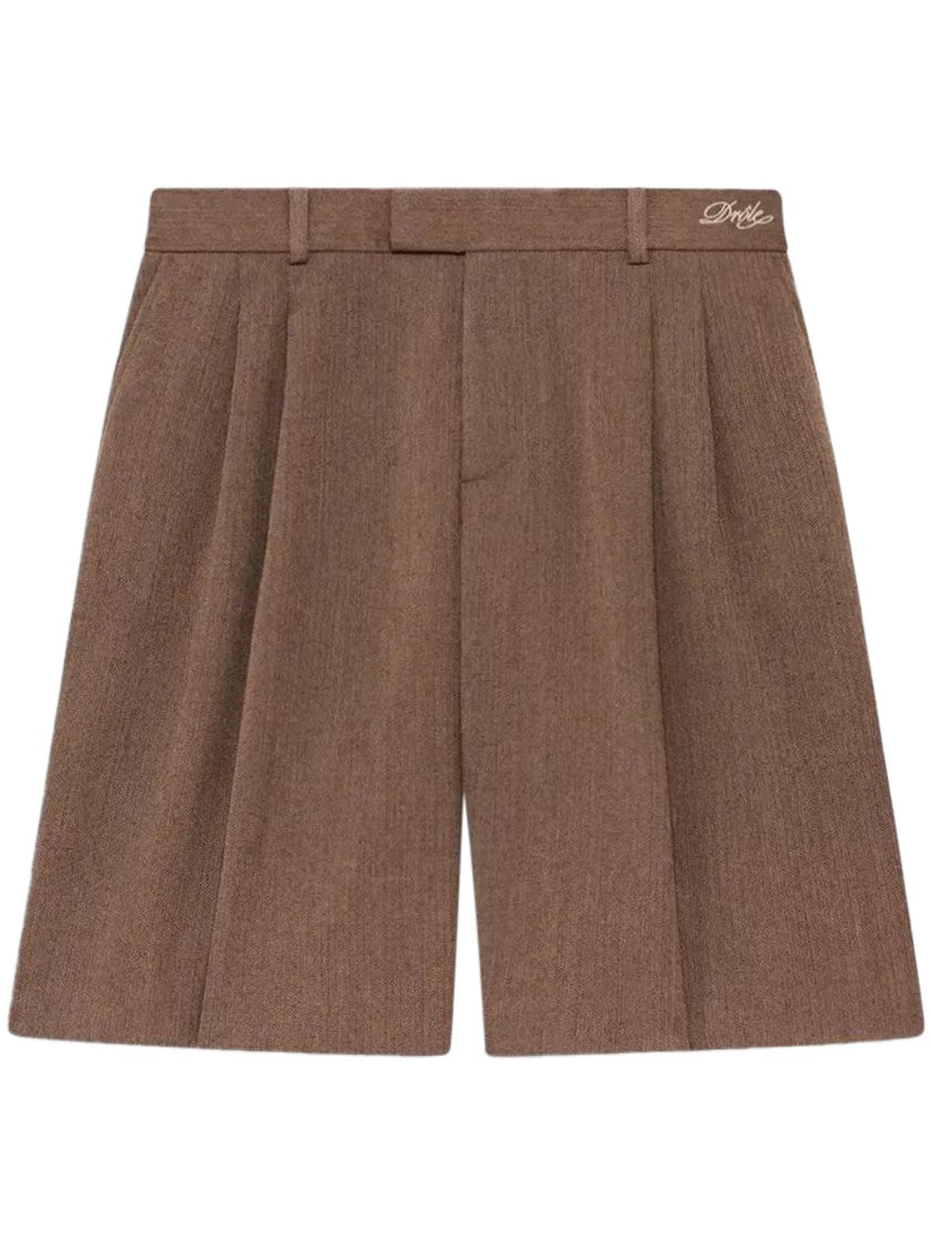 Drôle De Monsieur Tailored Herringbone Shorts With Pleated Front And Embroidered Logo