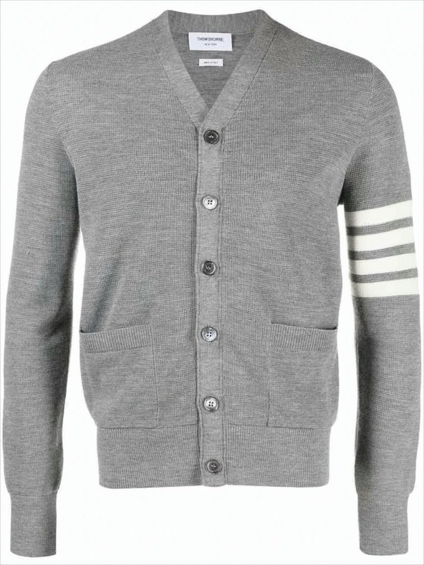 Thom Browne V-Neck Hand-Knitted Grey Wool Cardigan With Signature Stripes