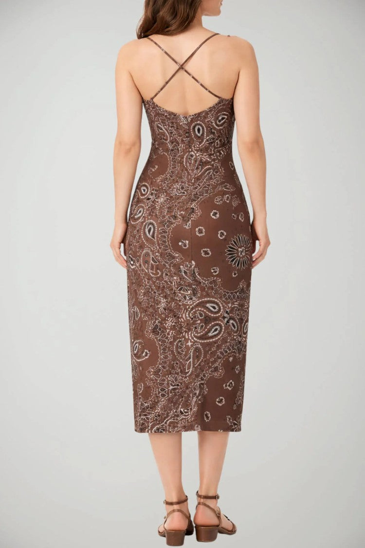 Mc2 Saint Barth Crisscross Back Midi Dress With Intricate Paisley Pattern
