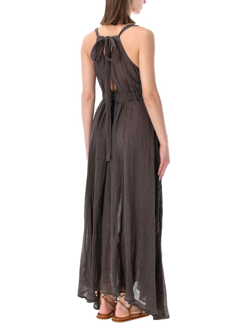 120% Lino Deep V-Neck Maxi Dress With Gathered Bodice